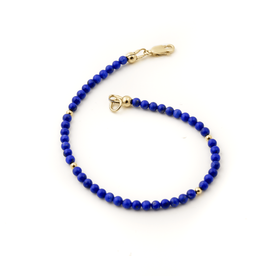 10k Gold Clasp x 3mm Round Lapis & 14k Gold Barrel Beaded Bracelet - Kingdom Jewelry