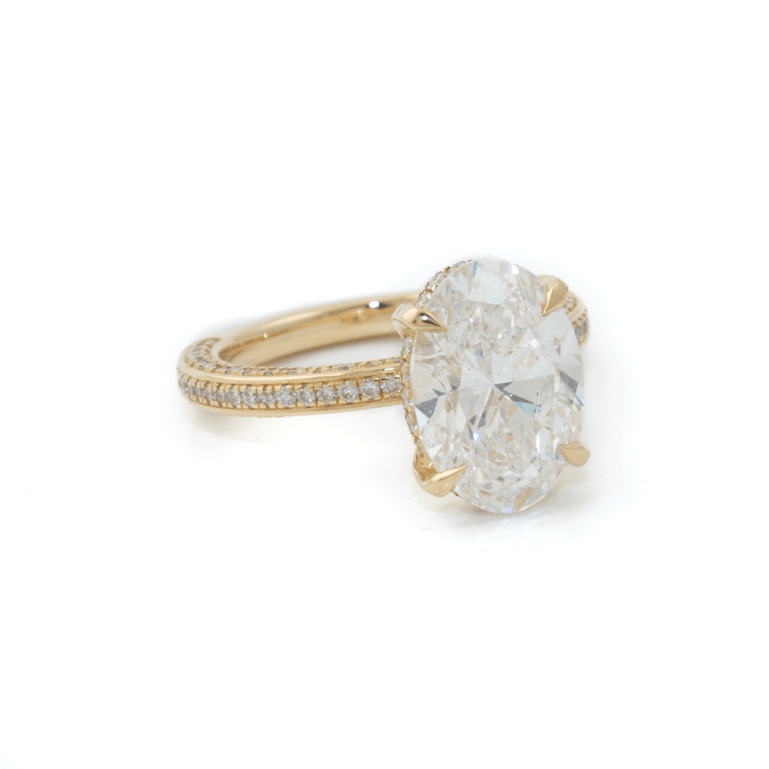 14k Gold x 4.04ct VVS2 E Oval Lab Diamond + Triple Pavé & Hidden Halo Solitaire Engagement Set - Kingdom Jewelry