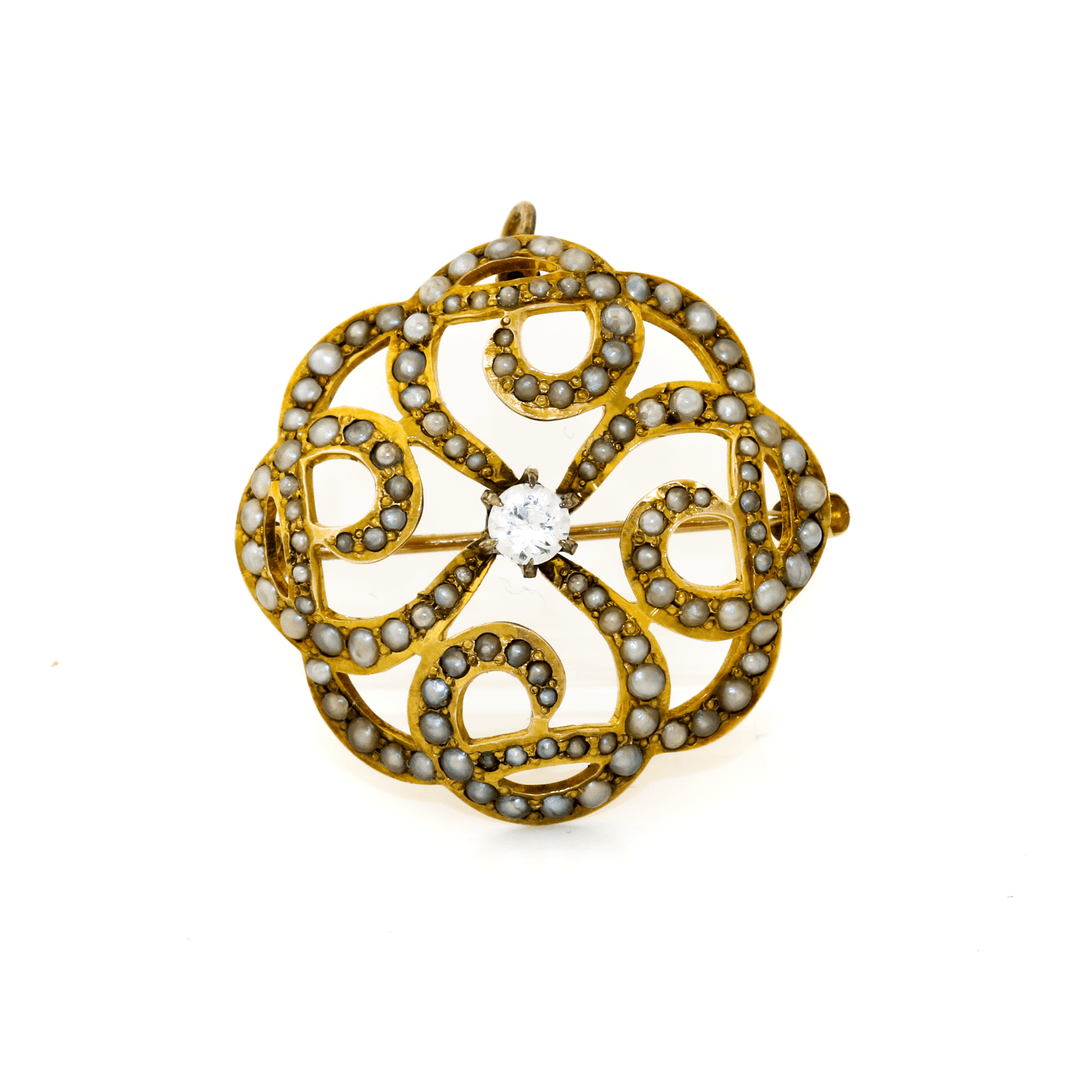 14k Gold x Antique White Sapphire & Pearl Spiral Brooch - Kingdom Jewelry