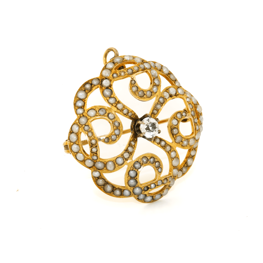 14k Gold x Antique White Sapphire & Pearl Spiral Brooch - Kingdom Jewelry