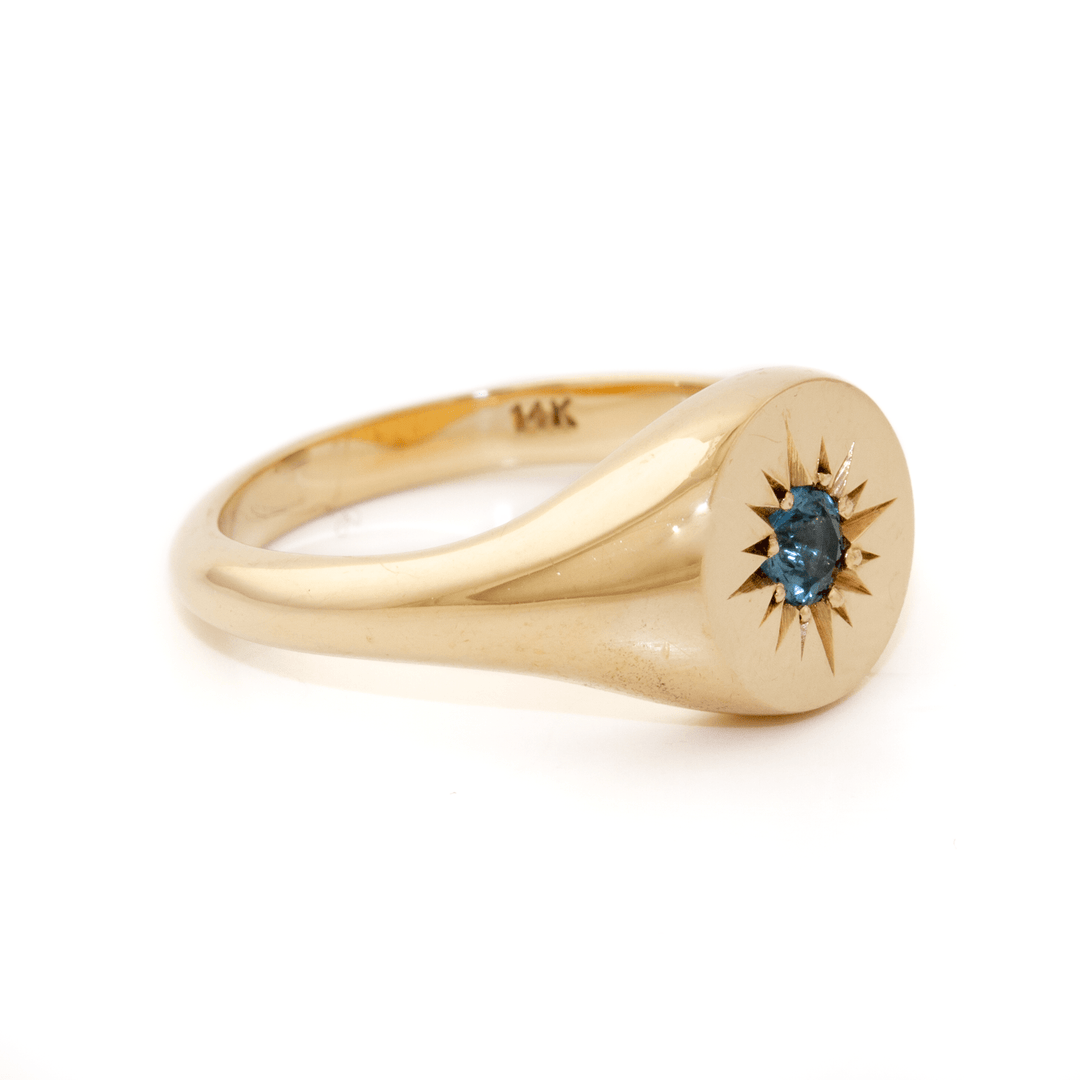 14k Gold x Blue Sapphire Starburst Solitaire Signet - Kingdom Jewelry