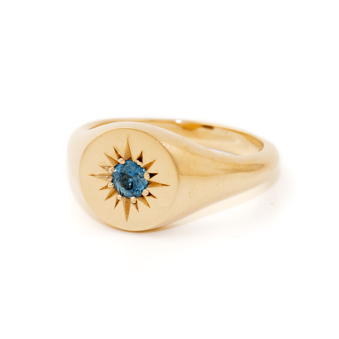 14k Gold x Blue Sapphire Starburst Solitaire Signet - Kingdom Jewelry