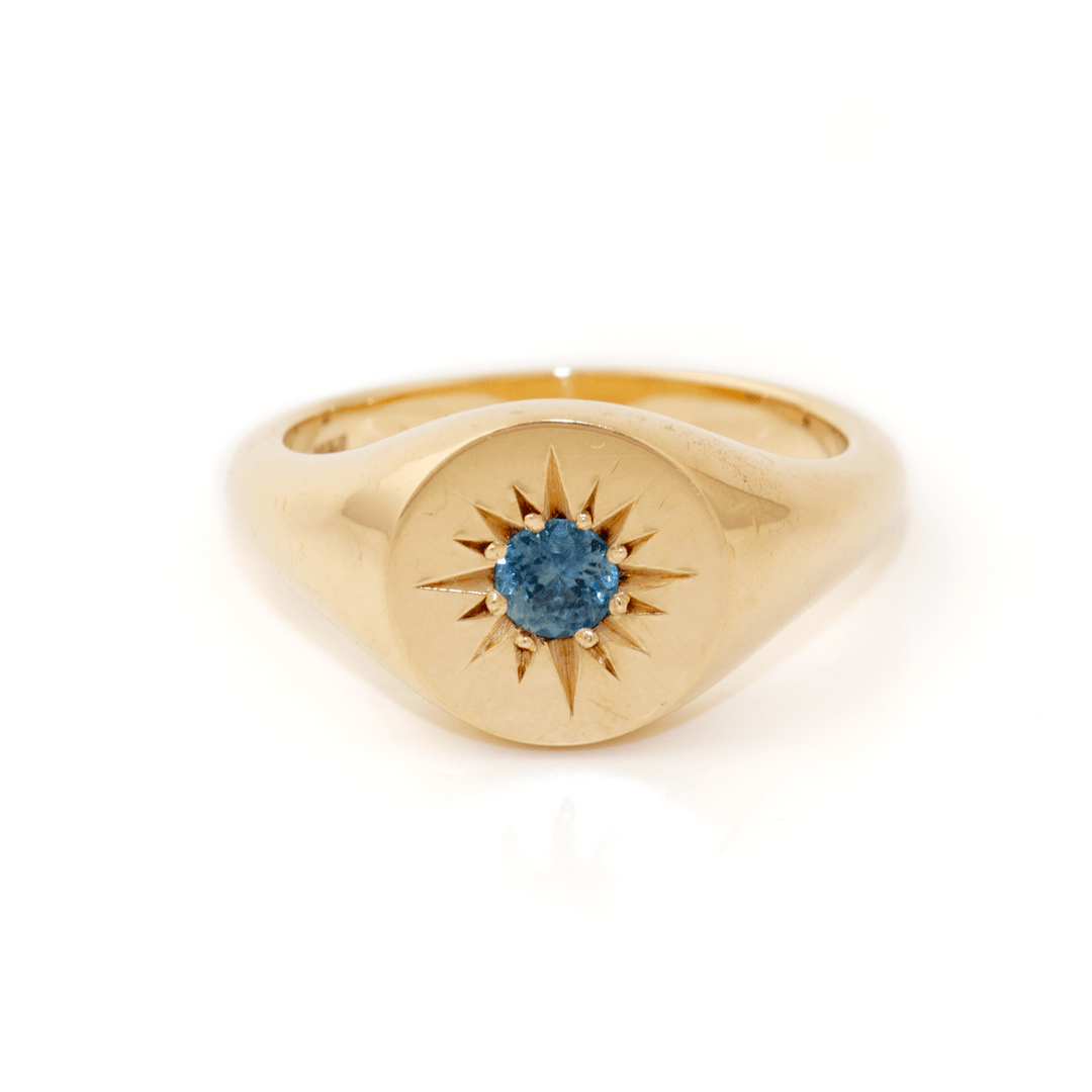 14k Gold x Blue Sapphire Starburst Solitaire Signet - Kingdom Jewelry