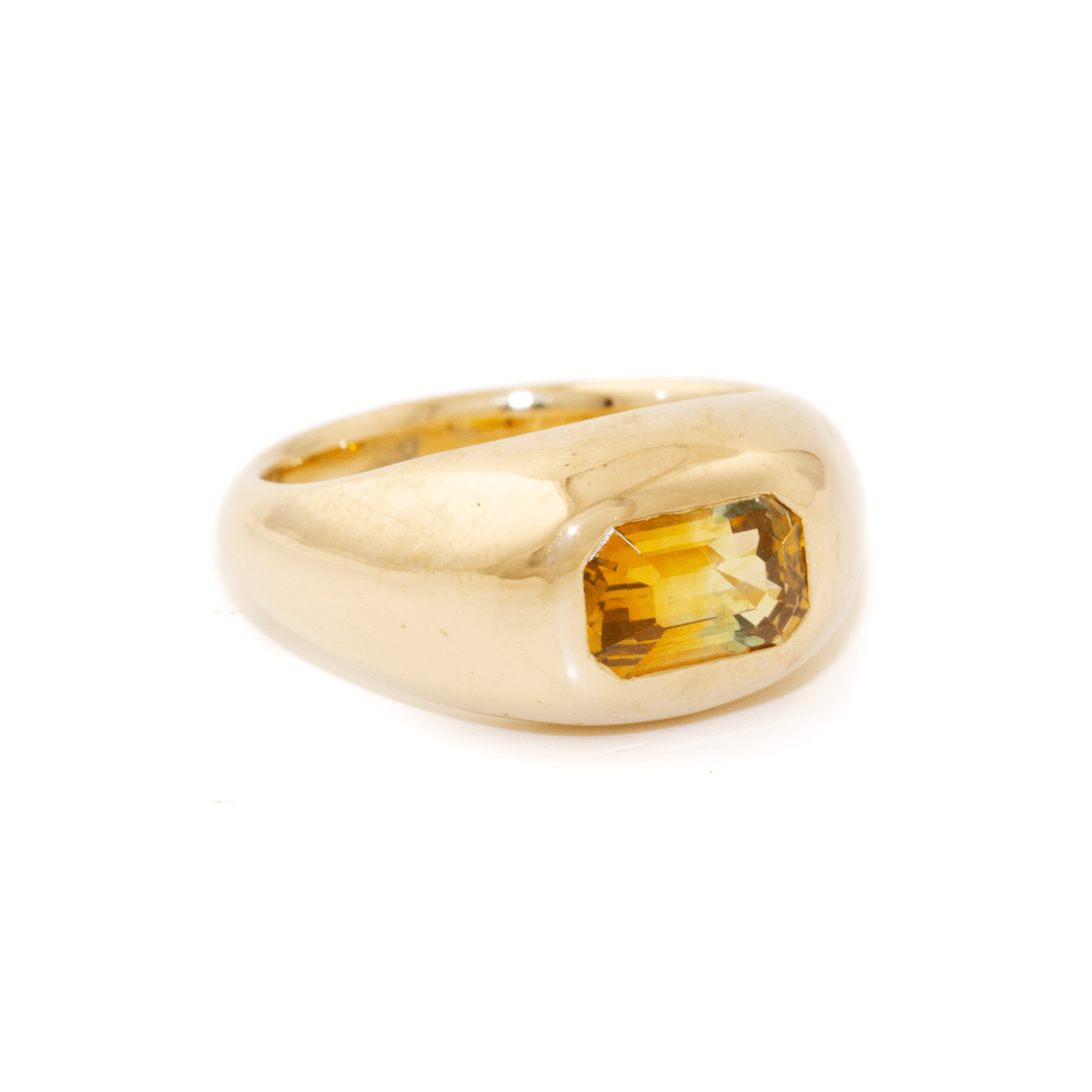 14k Gold x Emerald - Cut Parti Sapphire Gypsy Solitaire Signet - Kingdom Jewelry