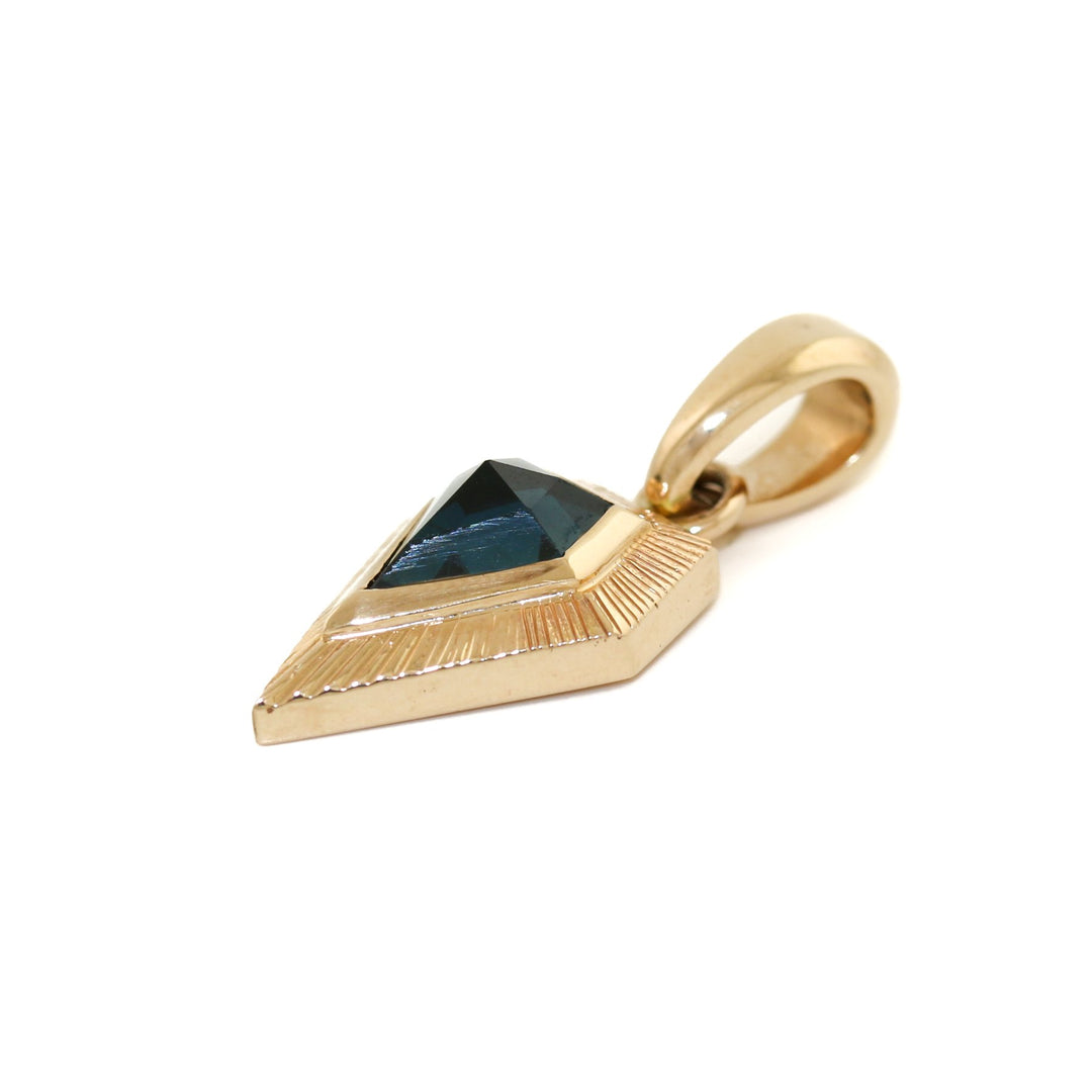 14K Gold x Teal Sapphire Art - Deco Arrowhead Sunburst Pendant - Kingdom Jewelry
