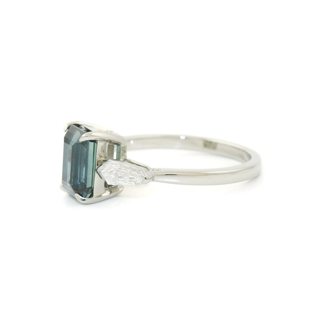 14K White Gold x 8mm Emerald - Cut Teal Sapphire & Shield Diamond Ring - Kingdom Jewelry