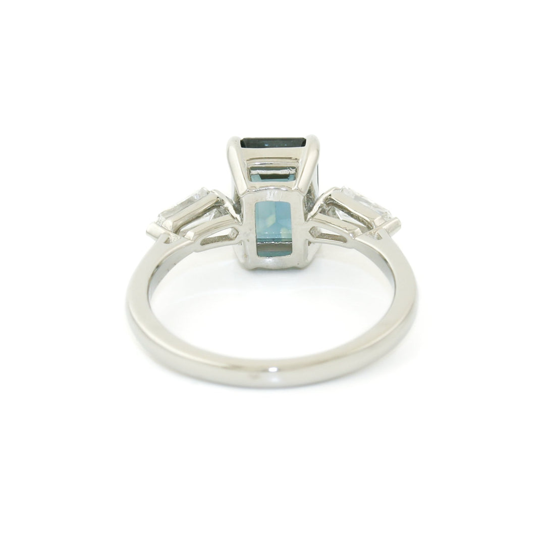14K White Gold x 8mm Emerald - Cut Teal Sapphire & Shield Diamond Ring - Kingdom Jewelry