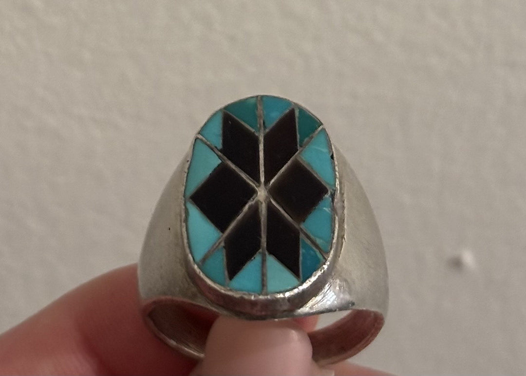 1960s Turquoise + Jet Zuni Inlay Ring - Kingdom Jewelry