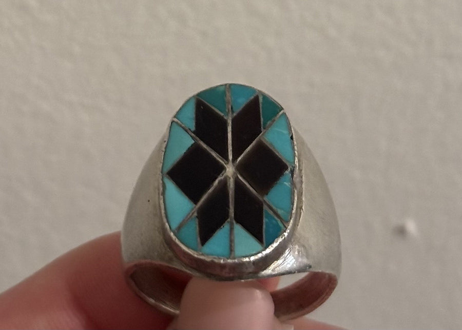 1960s Turquoise + Jet Zuni Inlay Ring - Kingdom Jewelry