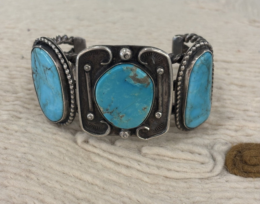 1970s Three Stone Turquoise Silver Rope Cuff - Kingdom Jewelry
