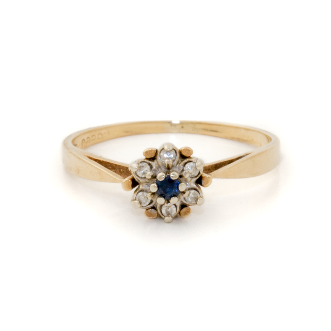 Two-Tone 10k Gold x Victorian-Style Sapphire & Diamond Flower Ring