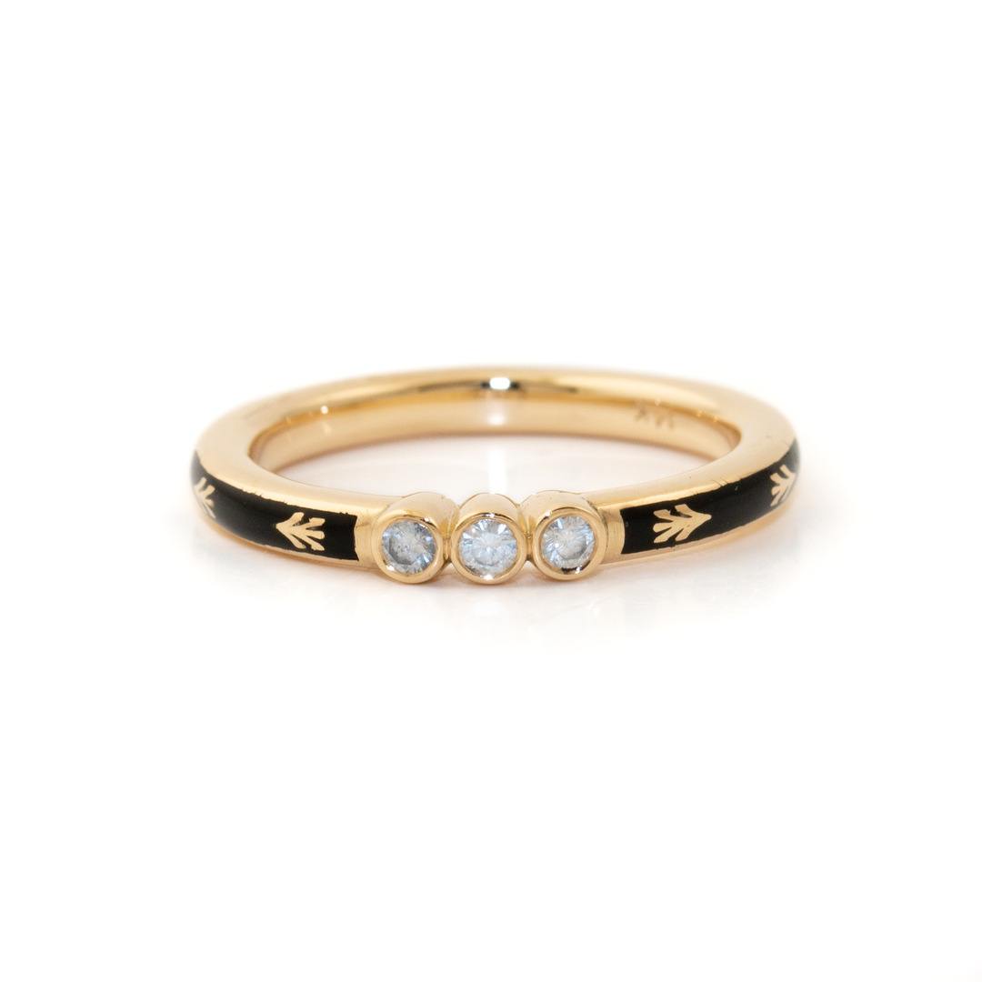 14k Yellow Gold x Round Diamond Triplet & Enamel Mourning Band