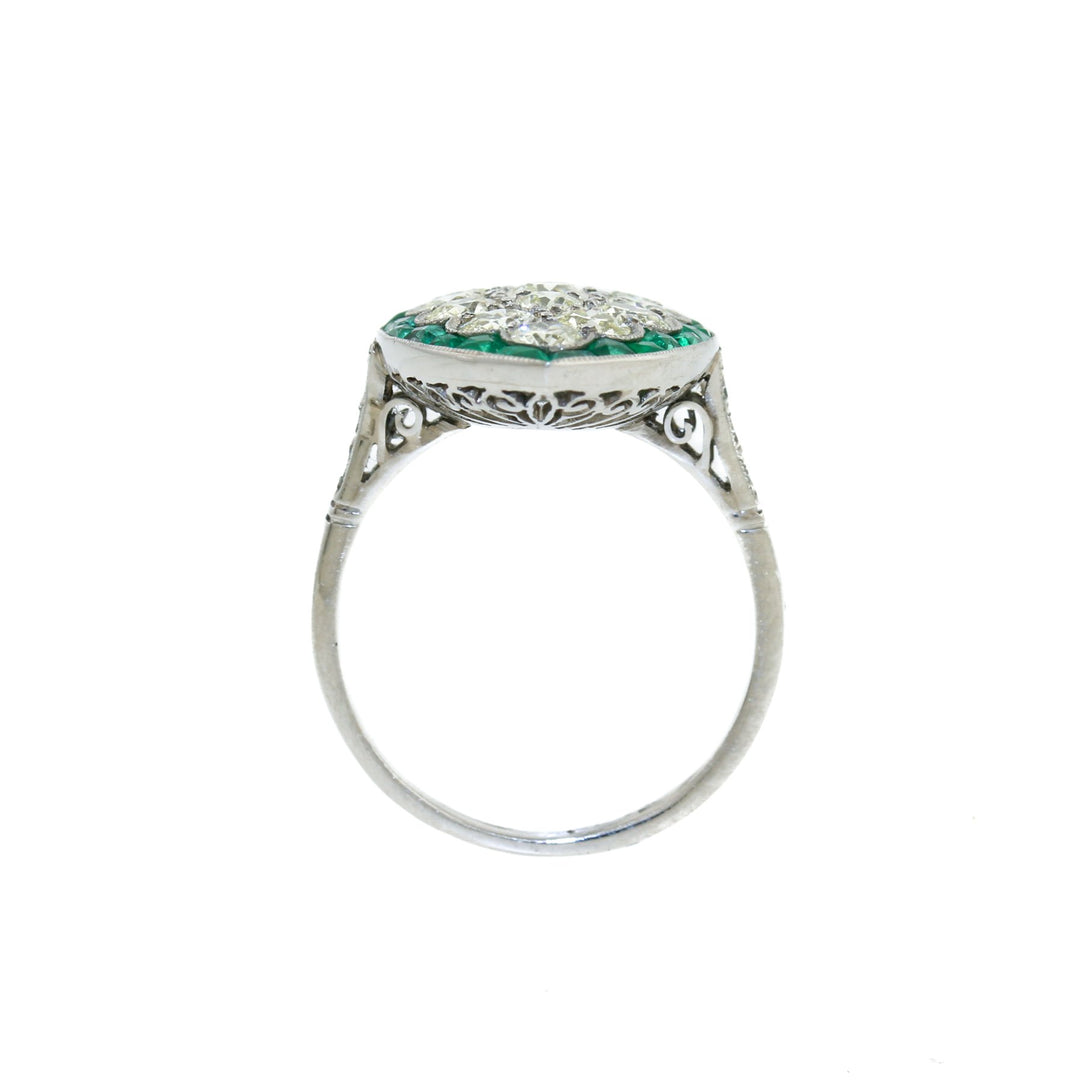 Antique Platinum x European Diamond & Emerald Cocktail Ring - Kingdom Jewelry