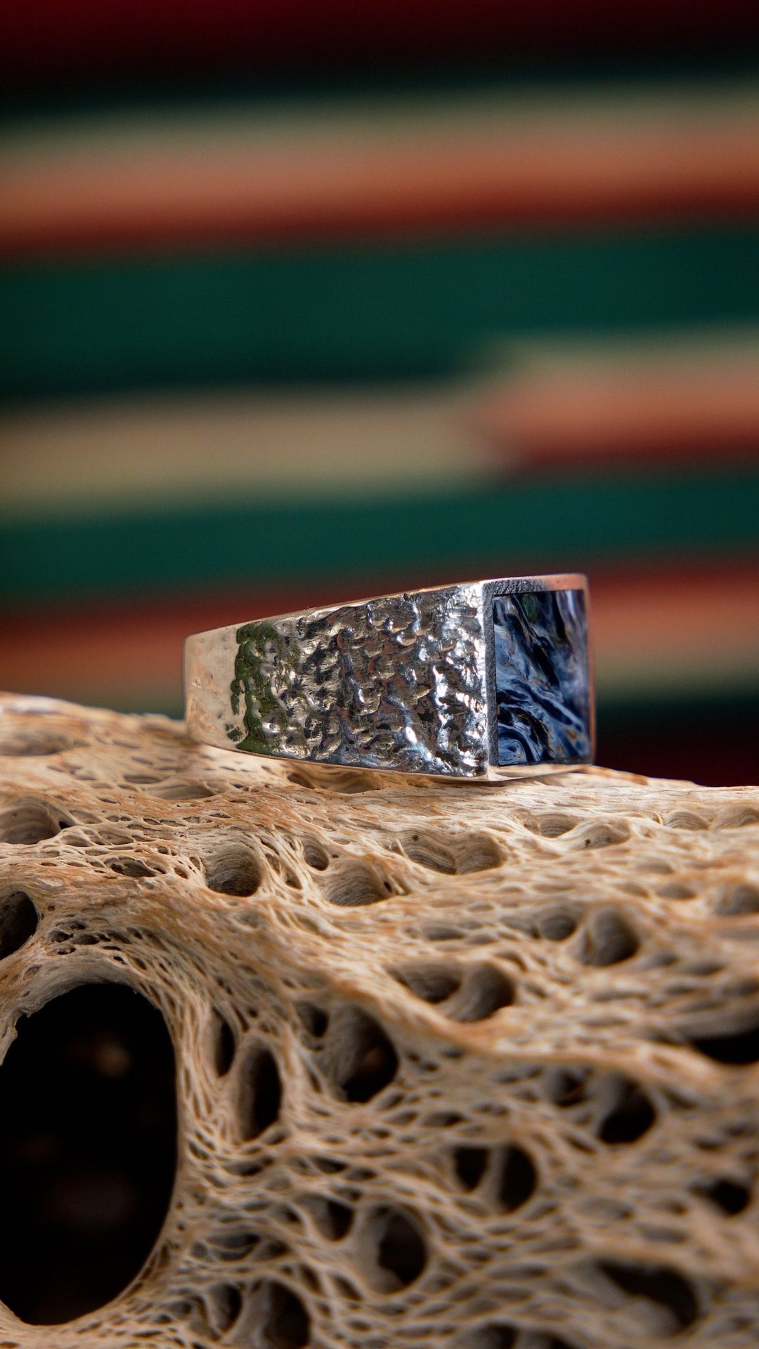 Hammered Silver x Rectangular Pietersite Inlay Ring - Kingdom Jewelry