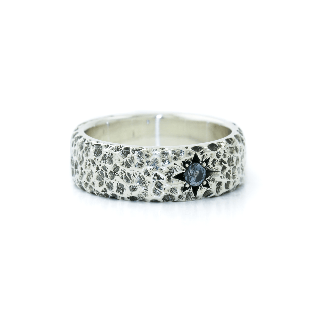 Hand - Hammered Silver x Montana Sapphire "Aster" 6mm Band - Kingdom Jewelry