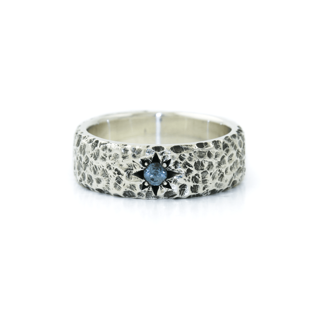 Hand - Hammered Silver x Montana Sapphire "Aster" 6mm Band - Kingdom Jewelry