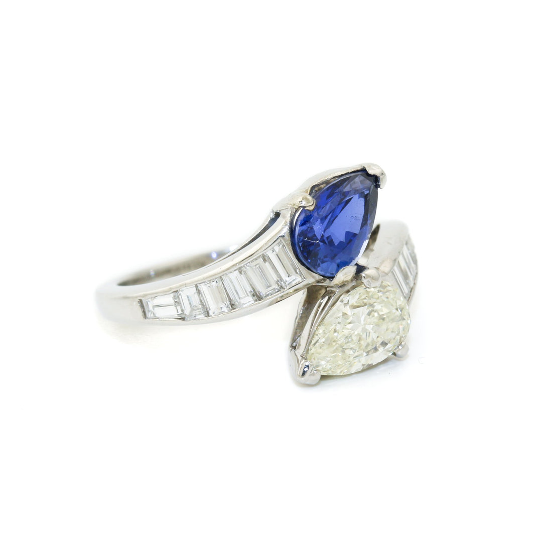 Platinum x 1.15ct Twin Pear Sapphire & Diamond Bypass Ring - Kingdom Jewelry