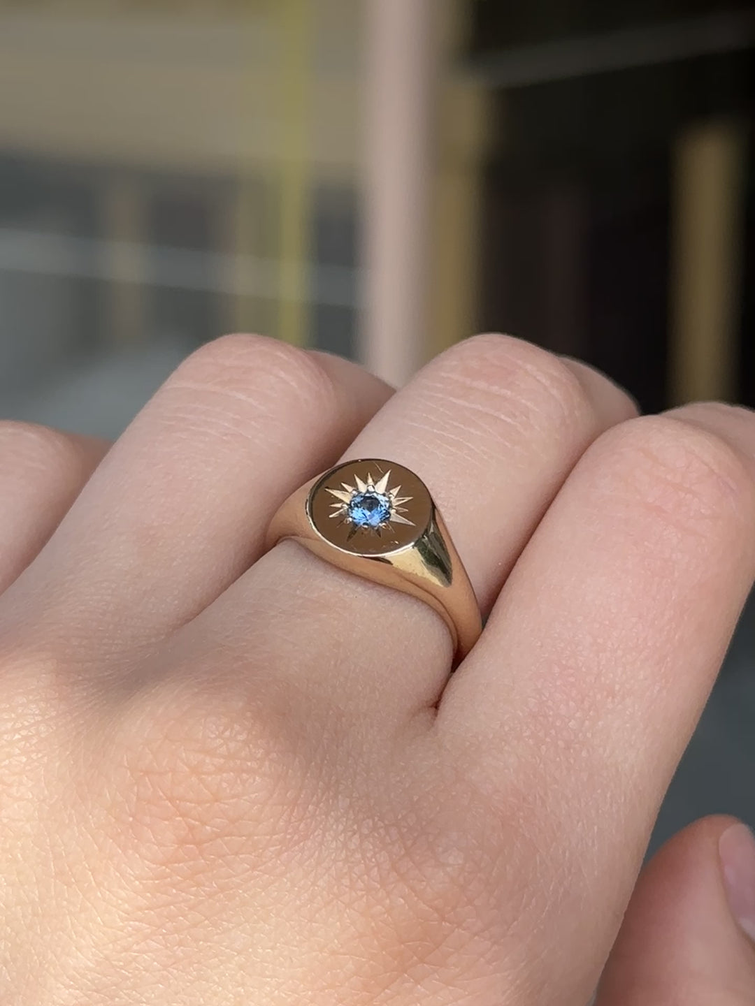 14k Gold x Blue Sapphire Starburst Solitaire Signet