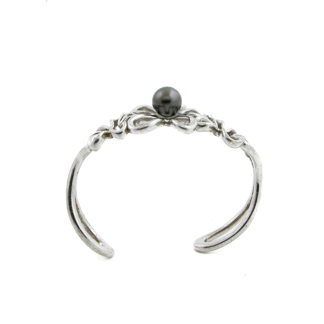 Silver x 8mm Tahitian Black Pearl Floating Plumeria Cuff - Kingdom Jewelry