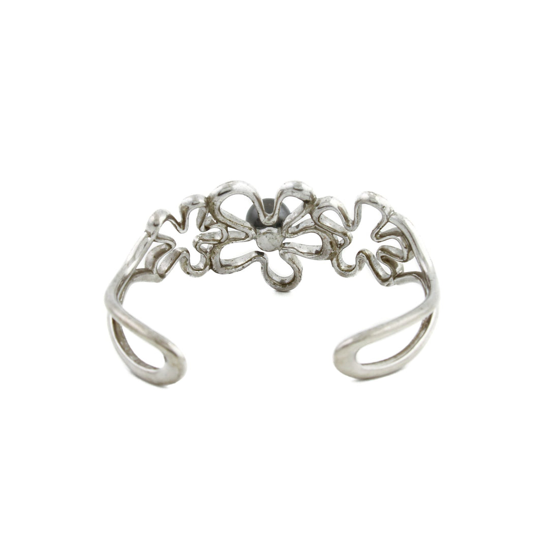 Silver x 8mm Tahitian Black Pearl Floating Plumeria Cuff - Kingdom Jewelry
