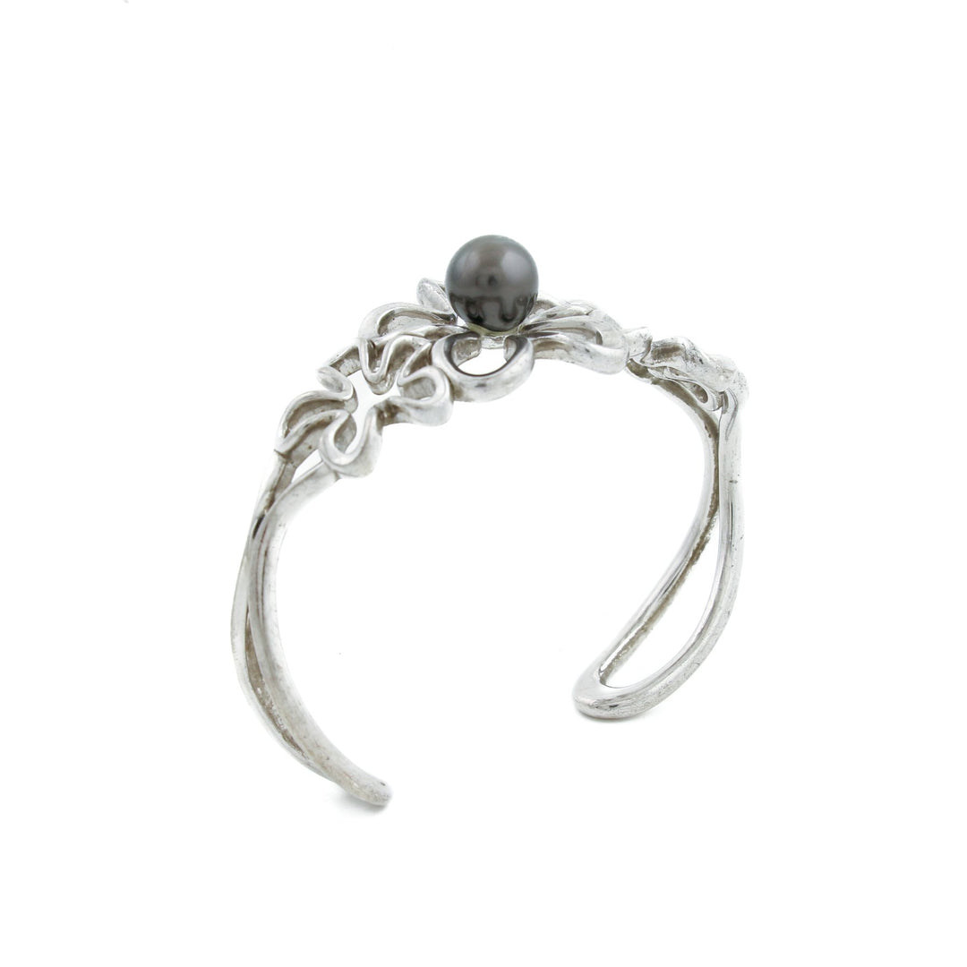 Silver x 8mm Tahitian Black Pearl Floating Plumeria Cuff - Kingdom Jewelry
