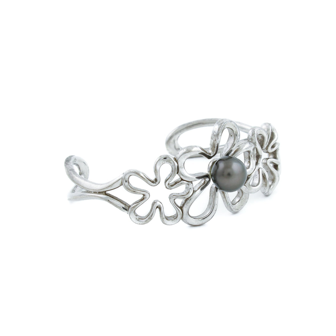 Silver x 8mm Tahitian Black Pearl Floating Plumeria Cuff - Kingdom Jewelry
