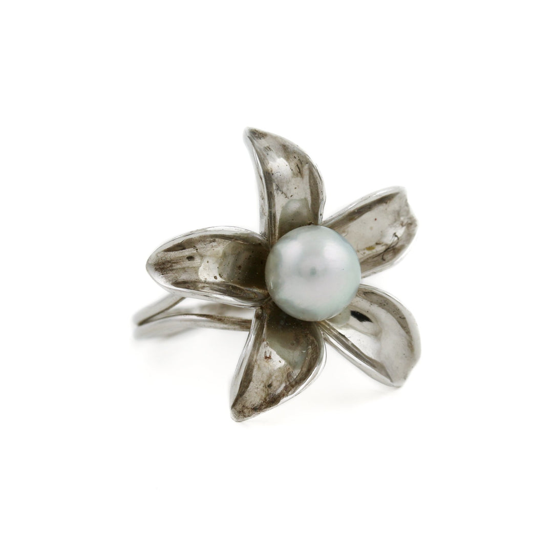 Silver x 8mm White Pearl Jasmine Flower Ring - Kingdom Jewelry