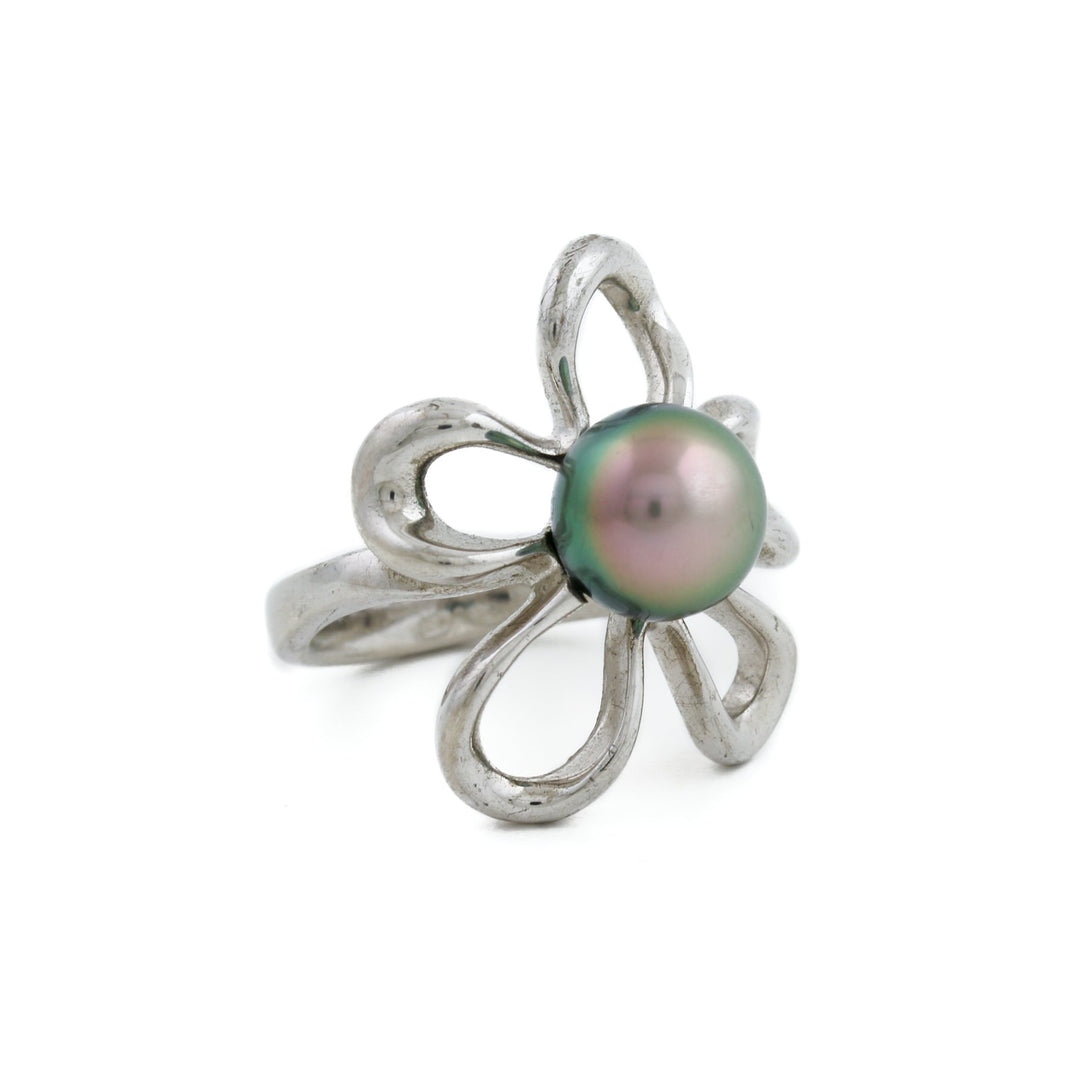Silver x 9mm Tahitian Black Pearl Floating Plumeria Ring - Kingdom Jewelry