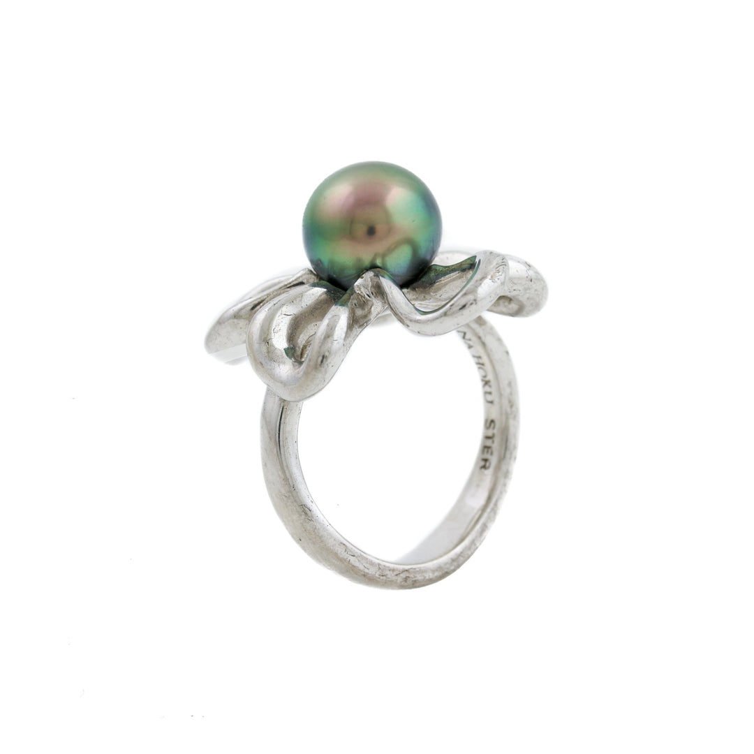 Silver x 9mm Tahitian Black Pearl Floating Plumeria Ring - Kingdom Jewelry