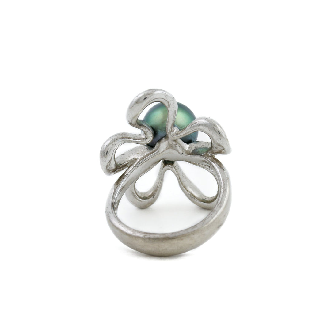 Silver x 9mm Tahitian Black Pearl Floating Plumeria Ring - Kingdom Jewelry