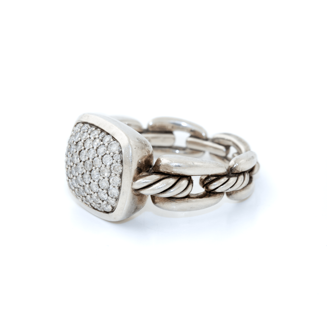 Silver x David Yurman Wellesley Cable Link Chain Pave Diamonds Signet - Kingdom Jewelry