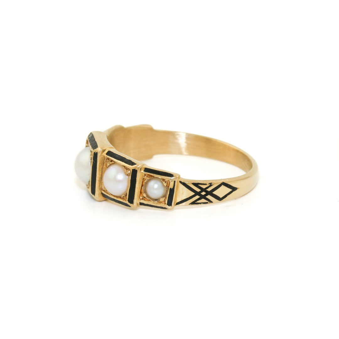 Victorian 18k Gold x Pearl & Enamel Mourning Quinet - Kingdom Jewelry