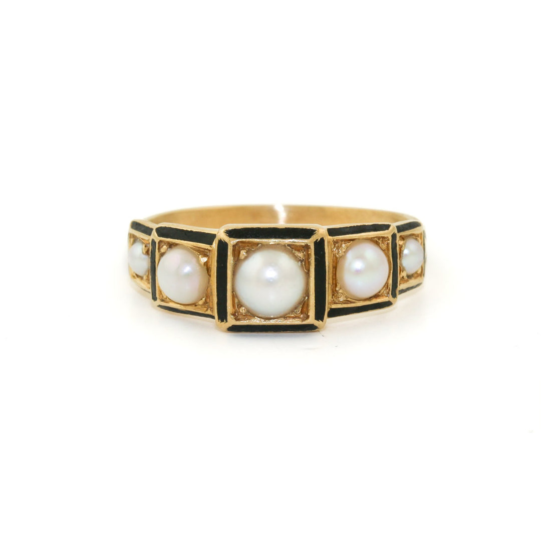 Victorian 18k Gold x Pearl & Enamel Mourning Quinet - Kingdom Jewelry