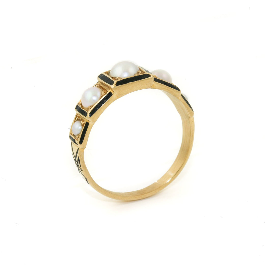 Victorian 18k Gold x Pearl & Enamel Mourning Quinet - Kingdom Jewelry