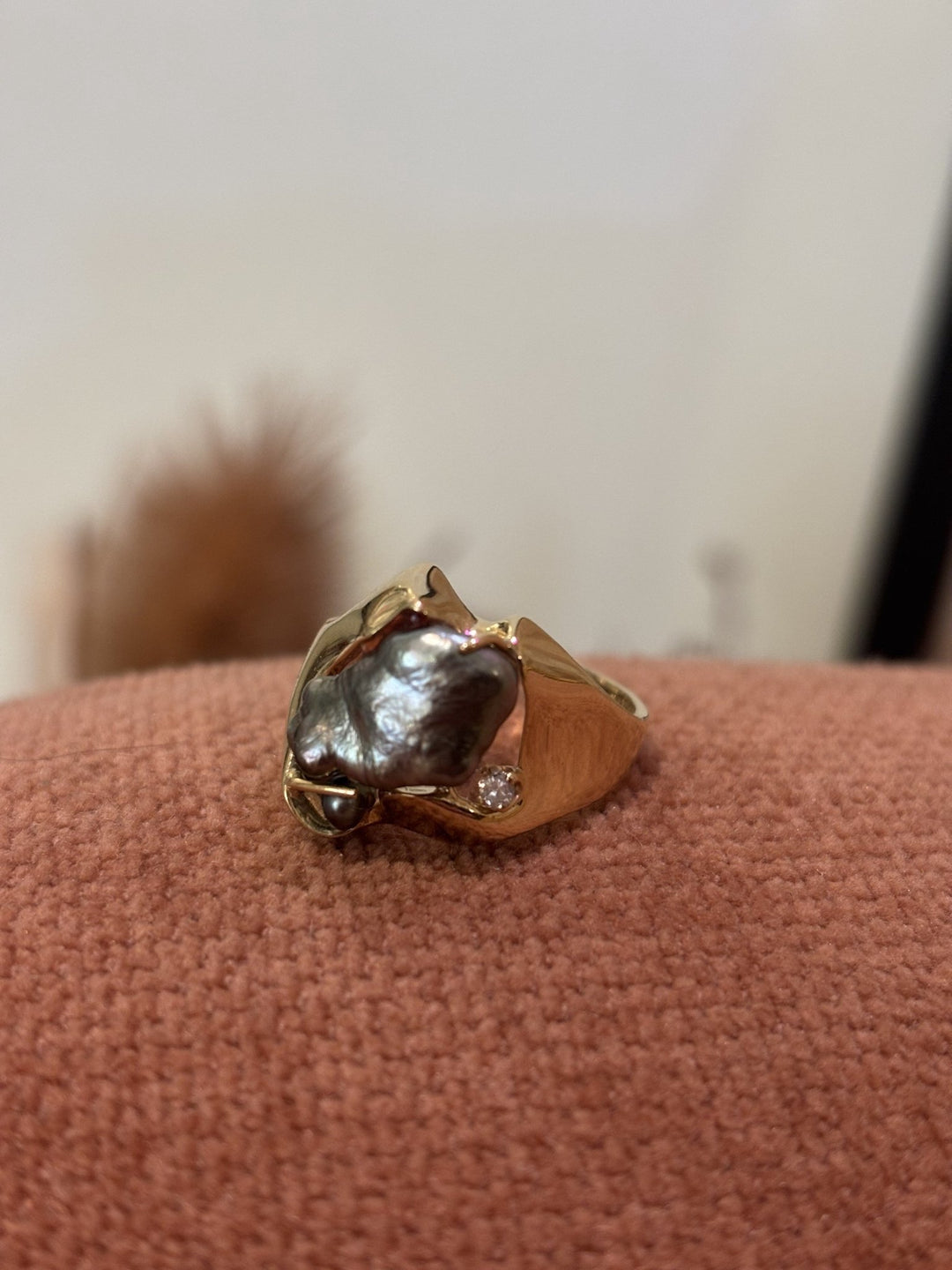 Vintage 14k Yellow Gold Baroque Pearl and Diamond Ring - Kingdom Jewelry