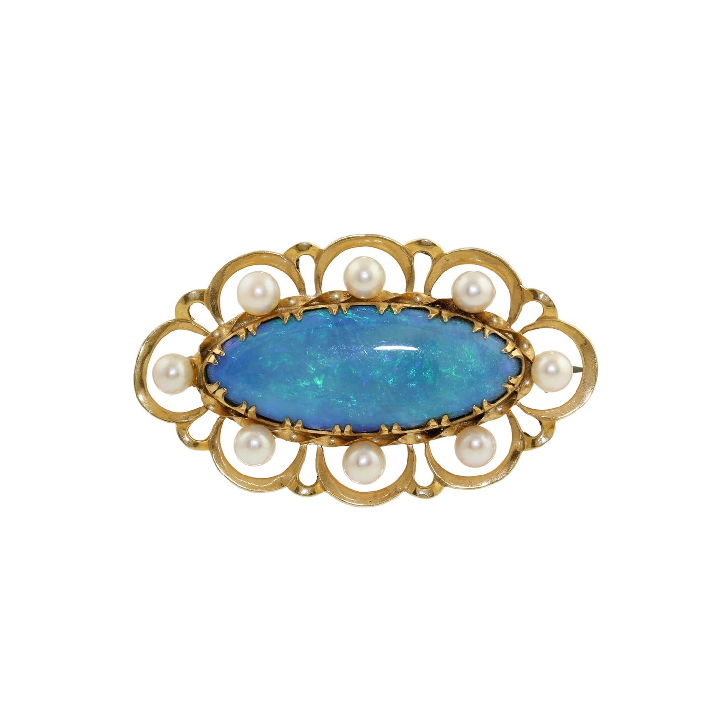 10k Gold Australian Blue Opal and Pearl Brooch - Kingdom Jewelry