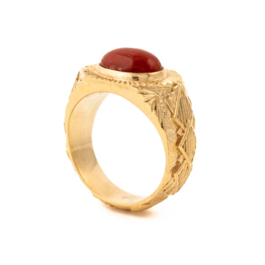 "Empire" Ring in Solid 18 KT Gold x Red Coral Art-Deco - Kingdom Jewelry