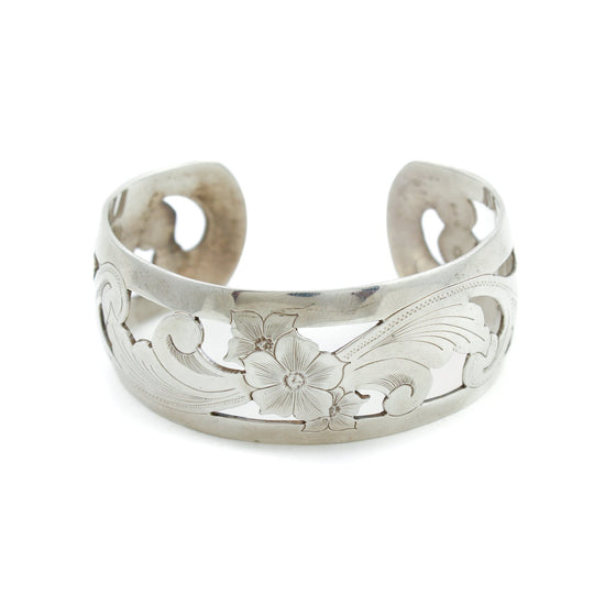Floral Silver "D. Olson" Scandinavian Cuff Bracelet - Kingdom Jewelry