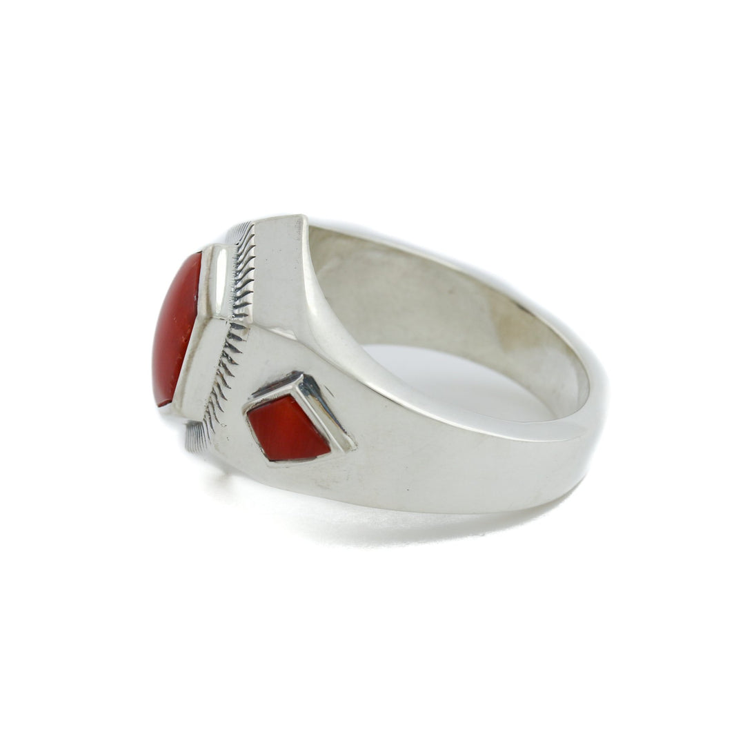 Hex-Cut Red Coral Silver Inlay Ring - Kingdom Jewelry