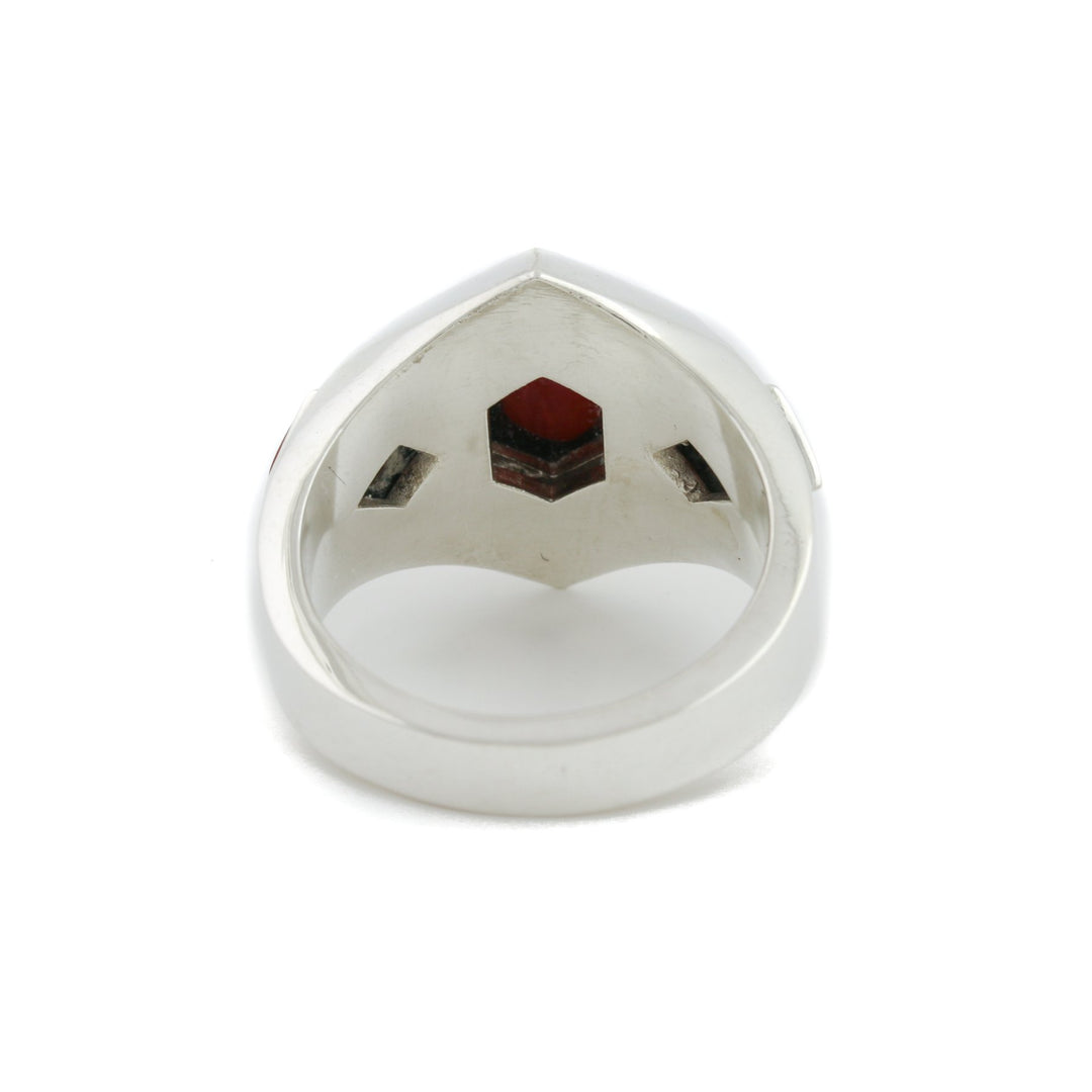 Hex-Cut Red Coral Silver Inlay Ring - Kingdom Jewelry
