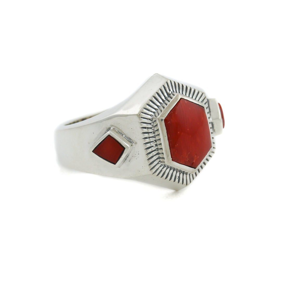 Hex-Cut Red Coral Silver Inlay Ring - Kingdom Jewelry