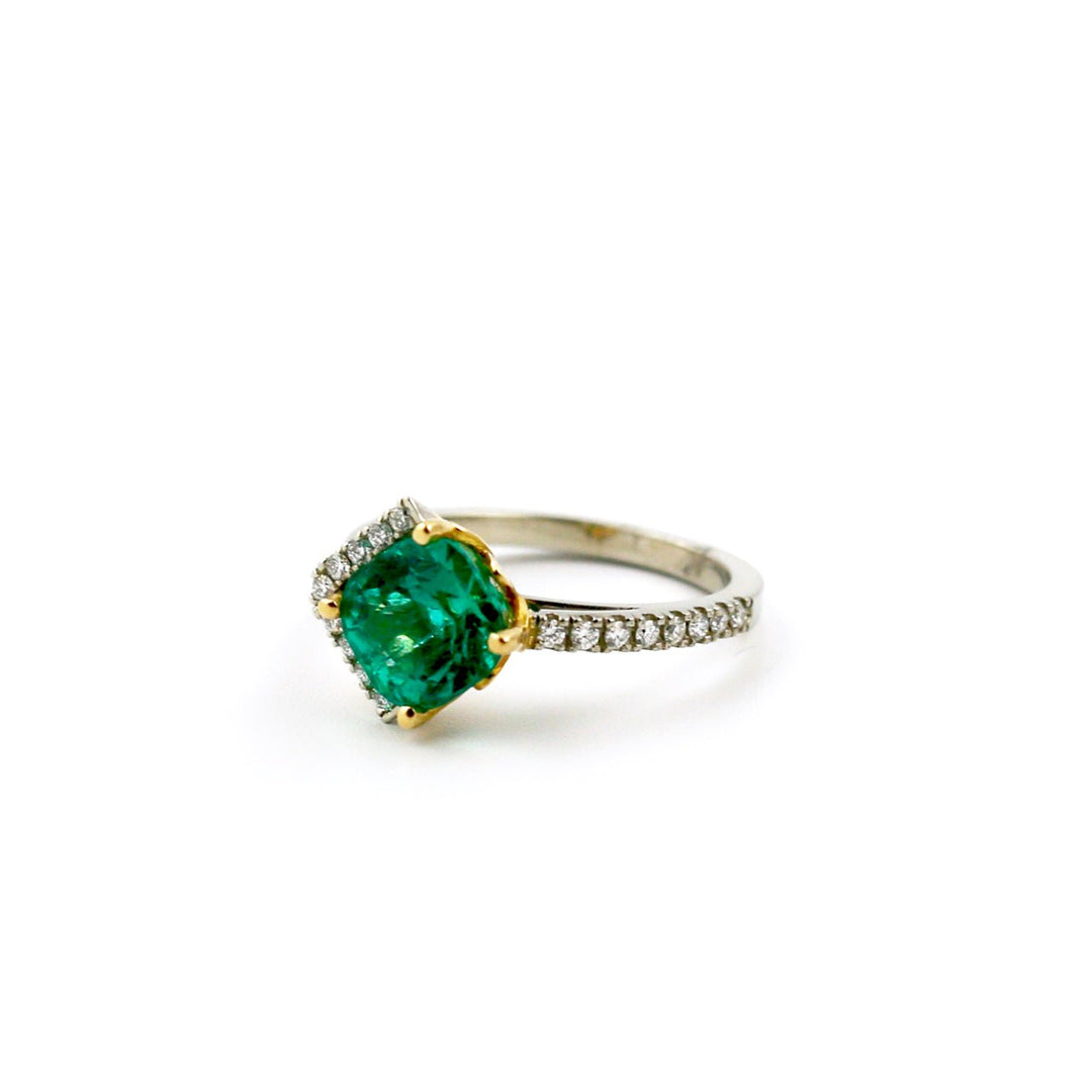 Radiant-Cut 14 KT White Gold Emerald x Pave Diamond Ring - Kingdom Jewelry
