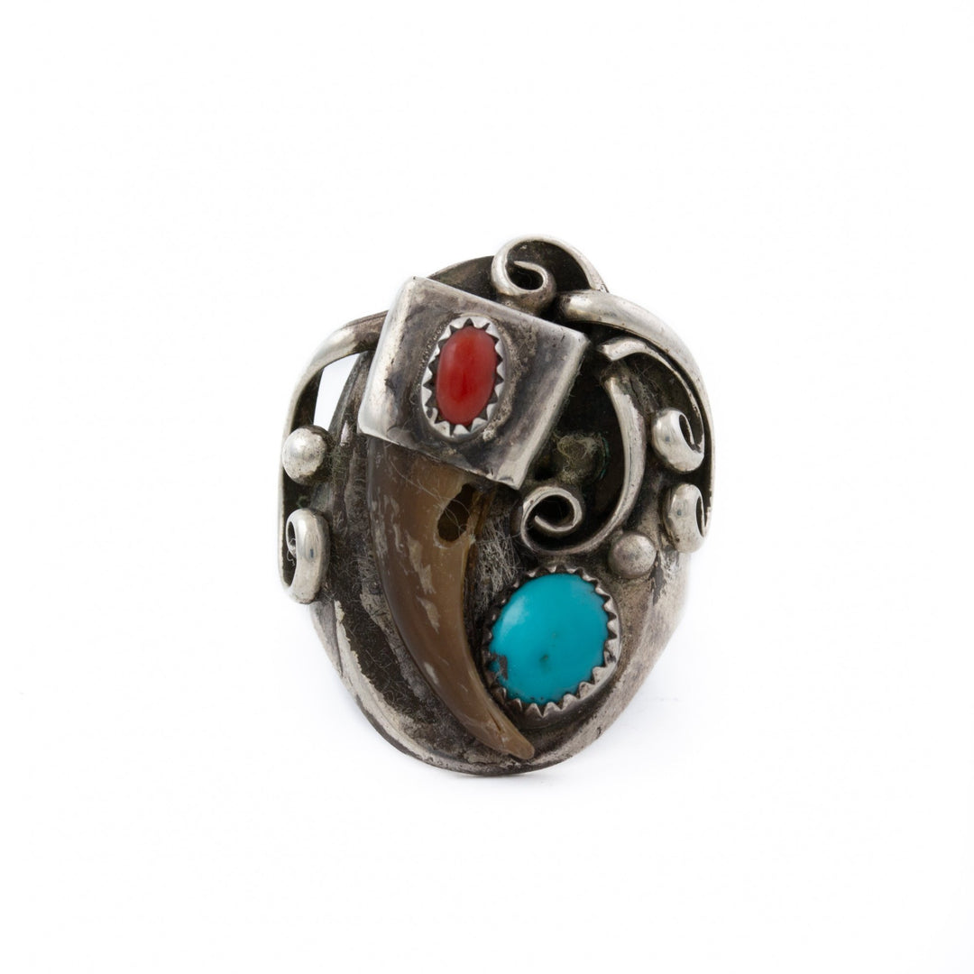 Turquoise x Red Coral Navajo Ring w/ Bear Claw - Kingdom Jewelry