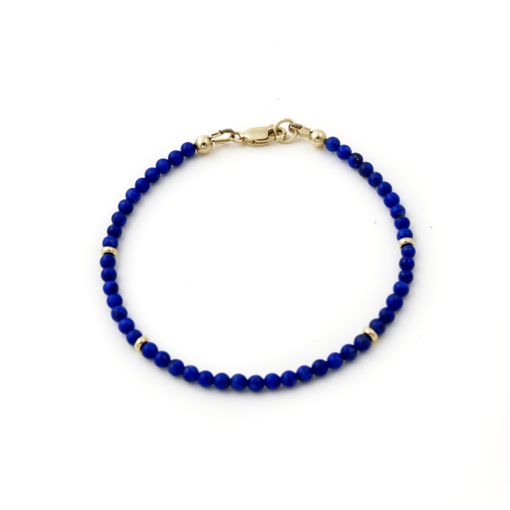10k Gold Clasp x 3mm Round Lapis & 14k Gold Barrel Beaded Bracelet - Kingdom Jewelry