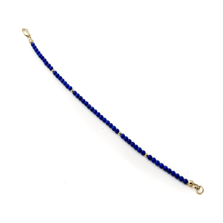 10k Gold Clasp x 3mm Round Lapis & 14k Gold Barrel Beaded Bracelet - Kingdom Jewelry