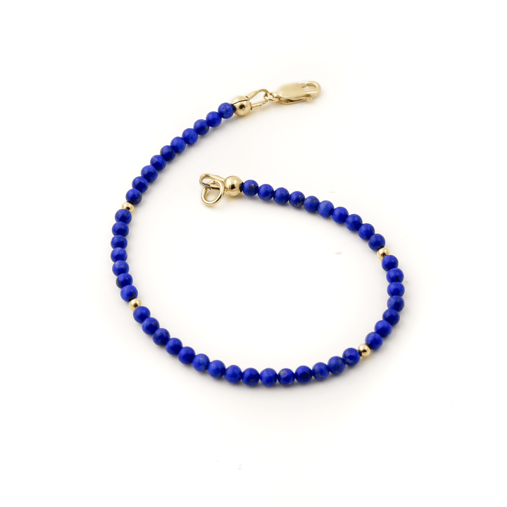 10k Gold Clasp x 3mm Round Lapis & 14k Gold Barrel Beaded Bracelet - Kingdom Jewelry