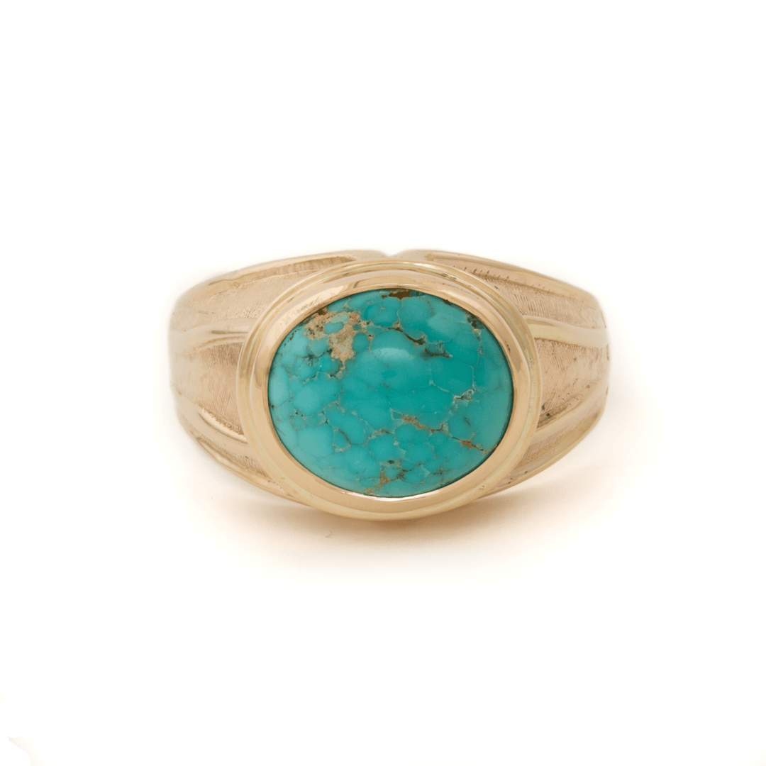 10k Gold x 1980's Art Deco Oval - Cut Royston Turquoise Signet - Kingdom Jewelry