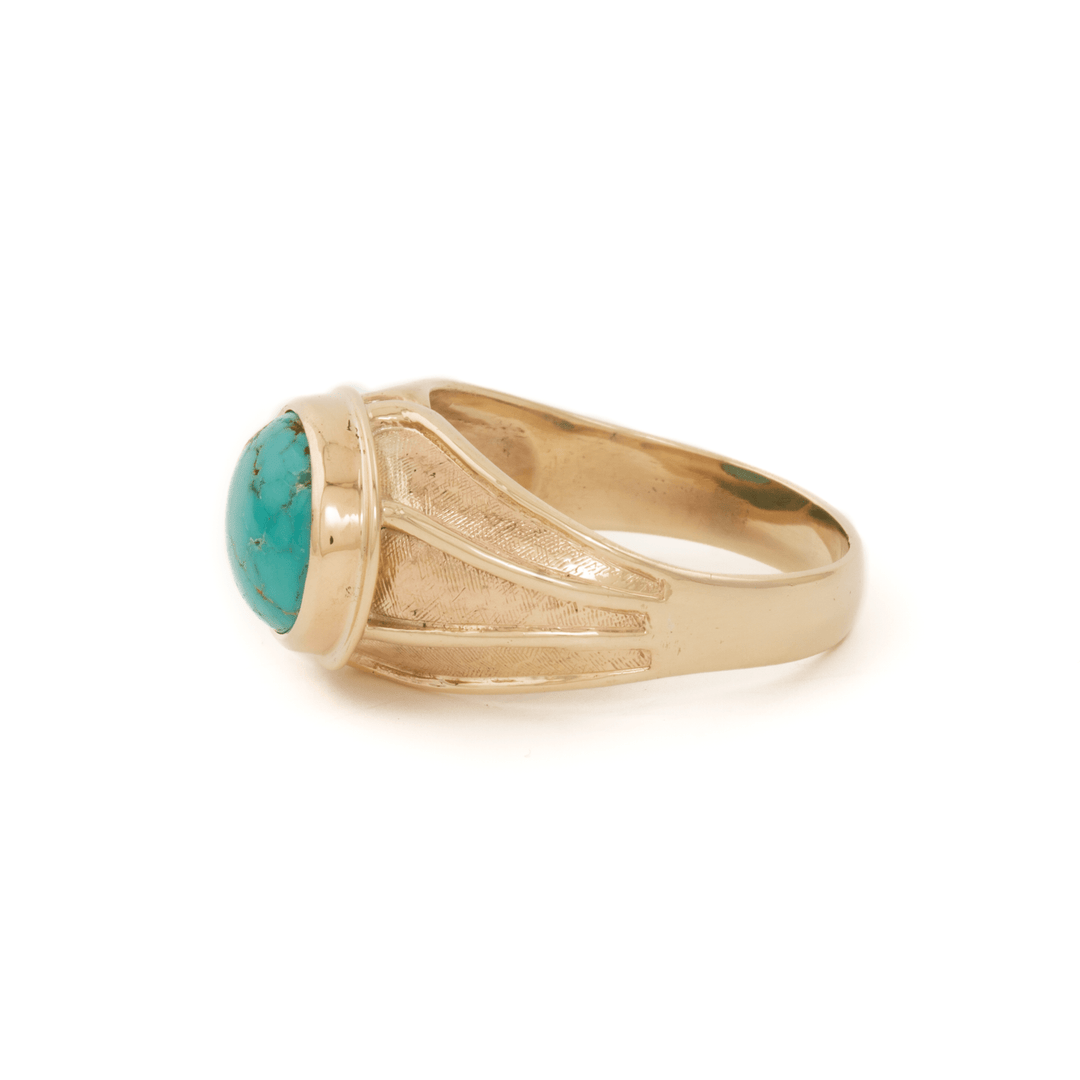 10k Gold x 1980's Art Deco Oval - Cut Royston Turquoise Signet - Kingdom Jewelry