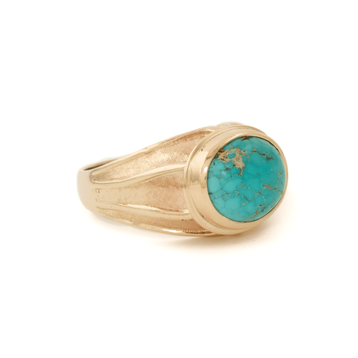 10k Gold x 1980's Art Deco Oval - Cut Royston Turquoise Signet - Kingdom Jewelry