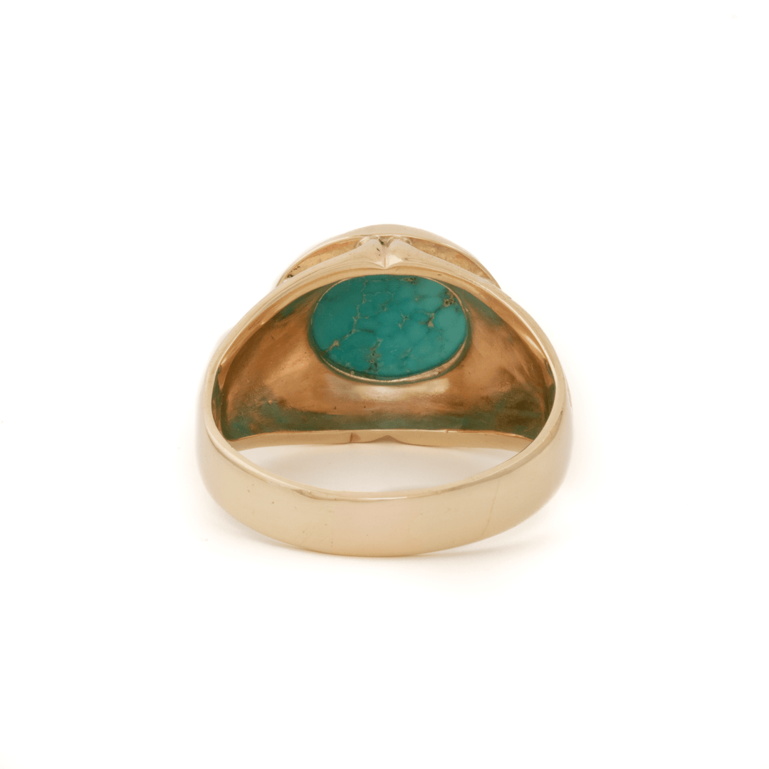 10k Gold x 1980's Art Deco Oval - Cut Royston Turquoise Signet - Kingdom Jewelry